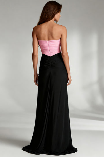 Black and Pink Strapless Ruched Sheath Long Formal Dress